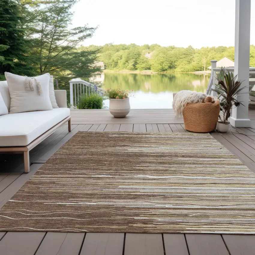 Brown Beige And Ivory Striped Washable Indoor Outdoor Area Rug Photo 9