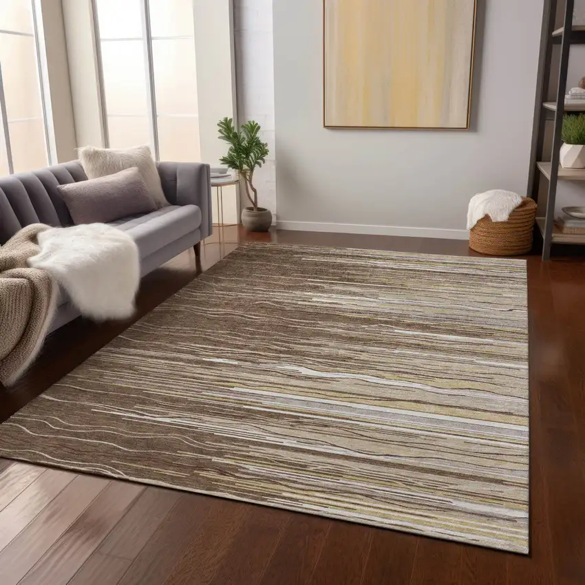 Brown Beige And Ivory Striped Washable Indoor Outdoor Area Rug Photo 8