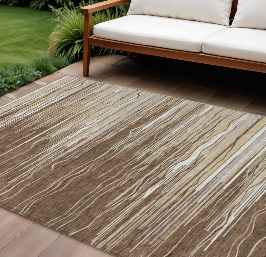 Brown Beige And Ivory Striped Washable Indoor Outdoor Area Rug Photo 1