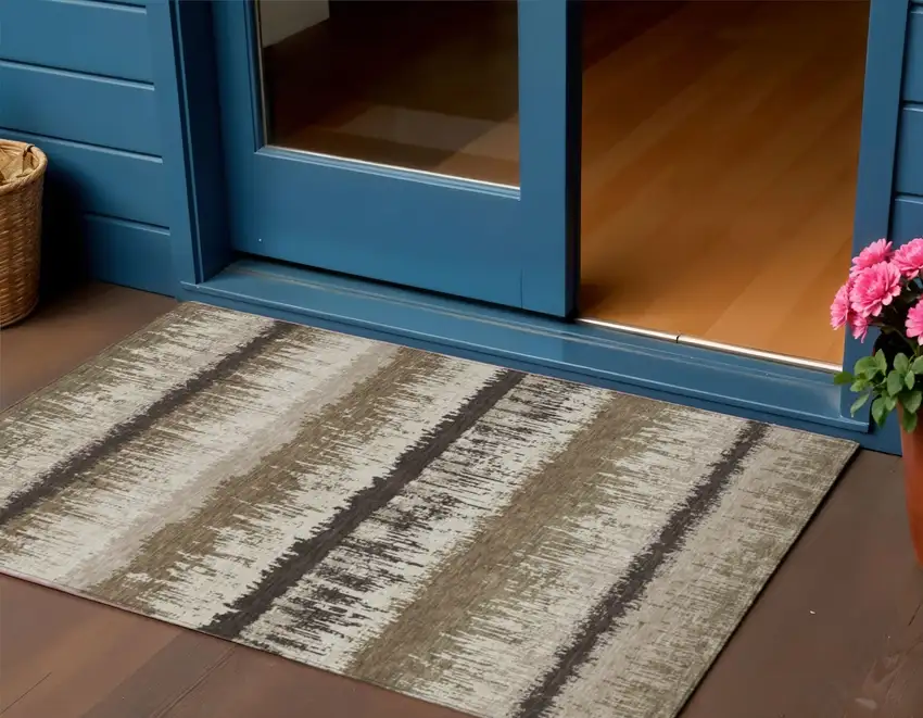Brown Beige And Ivory Striped Washable Indoor Outdoor Area Rug Photo 1