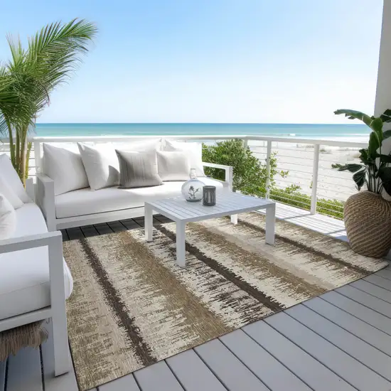 Brown Beige And Ivory Striped Washable Indoor Outdoor Area Rug Photo 9