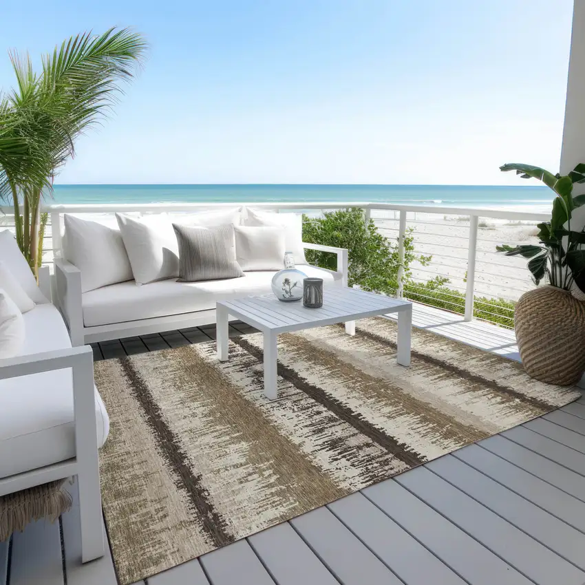 Brown Beige And Ivory Striped Washable Indoor Outdoor Area Rug Photo 9