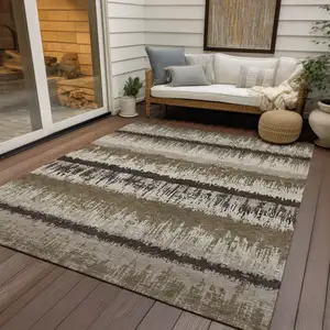 Photo of Brown Beige And Ivory Striped Washable Indoor Outdoor Area Rug
