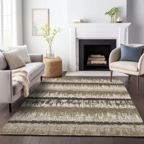 Brown Beige And Ivory Striped Washable Indoor Outdoor Area Rug Photo 8