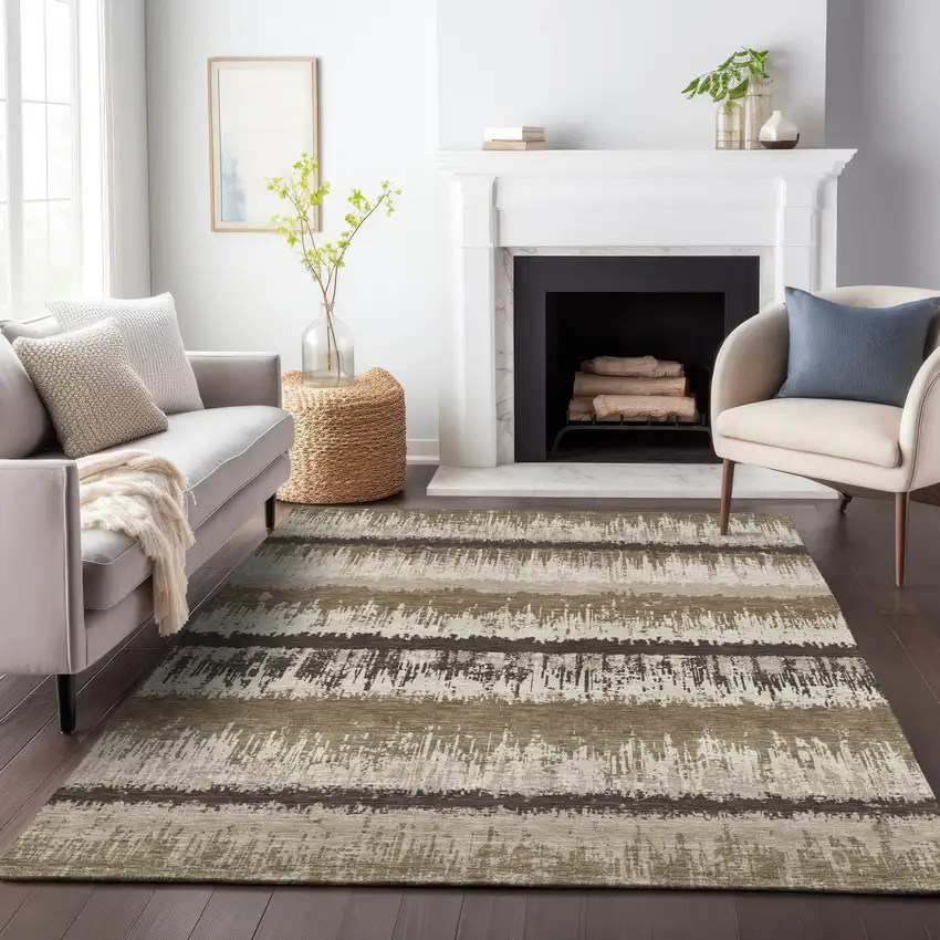 Brown Beige And Ivory Striped Washable Indoor Outdoor Area Rug Photo 8