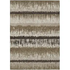 Photo of Brown Beige And Ivory Striped Washable Indoor Outdoor Area Rug