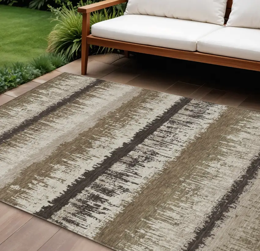 Brown Beige And Ivory Striped Washable Indoor Outdoor Area Rug Photo 1
