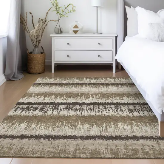 Brown Beige And Ivory Striped Washable Indoor Outdoor Area Rug Photo 9