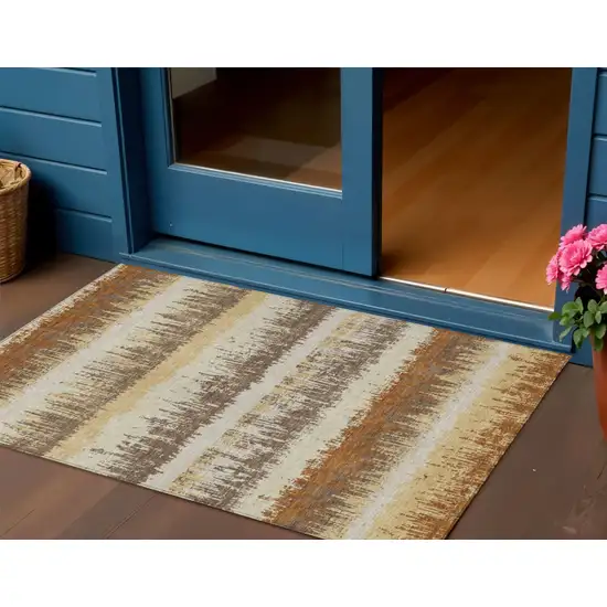 Brown Beige And Ivory Striped Washable Indoor Outdoor Area Rug Photo 1