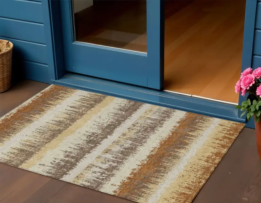 Brown Beige And Ivory Striped Washable Indoor Outdoor Area Rug Photo 1
