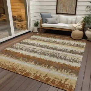 Photo of Brown Beige And Ivory Striped Washable Indoor Outdoor Area Rug