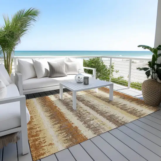 Brown Beige And Ivory Striped Washable Indoor Outdoor Area Rug Photo 9