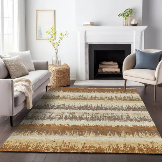 Brown Beige And Ivory Striped Washable Indoor Outdoor Area Rug Photo 8