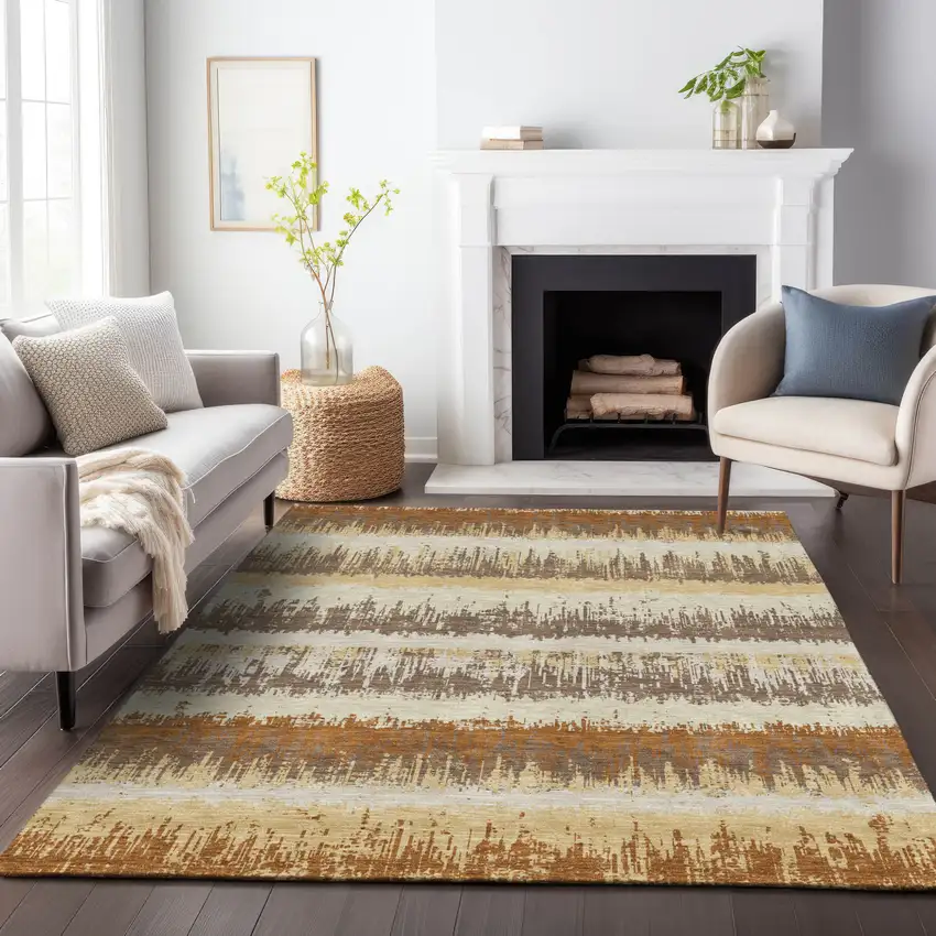 Brown Beige And Ivory Striped Washable Indoor Outdoor Area Rug Photo 8