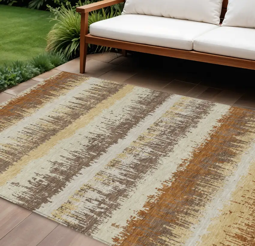 Brown Beige And Ivory Striped Washable Indoor Outdoor Area Rug Photo 1