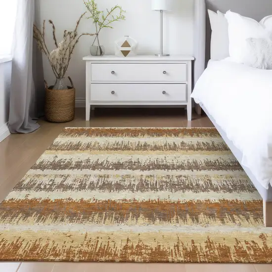 Brown Beige And Ivory Striped Washable Indoor Outdoor Area Rug Photo 9