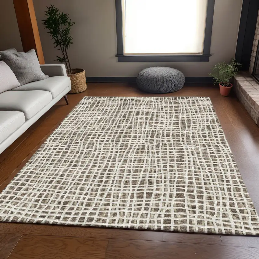 Brown Beige And Ivory Striped Washable Indoor Outdoor Area Rug Photo 7