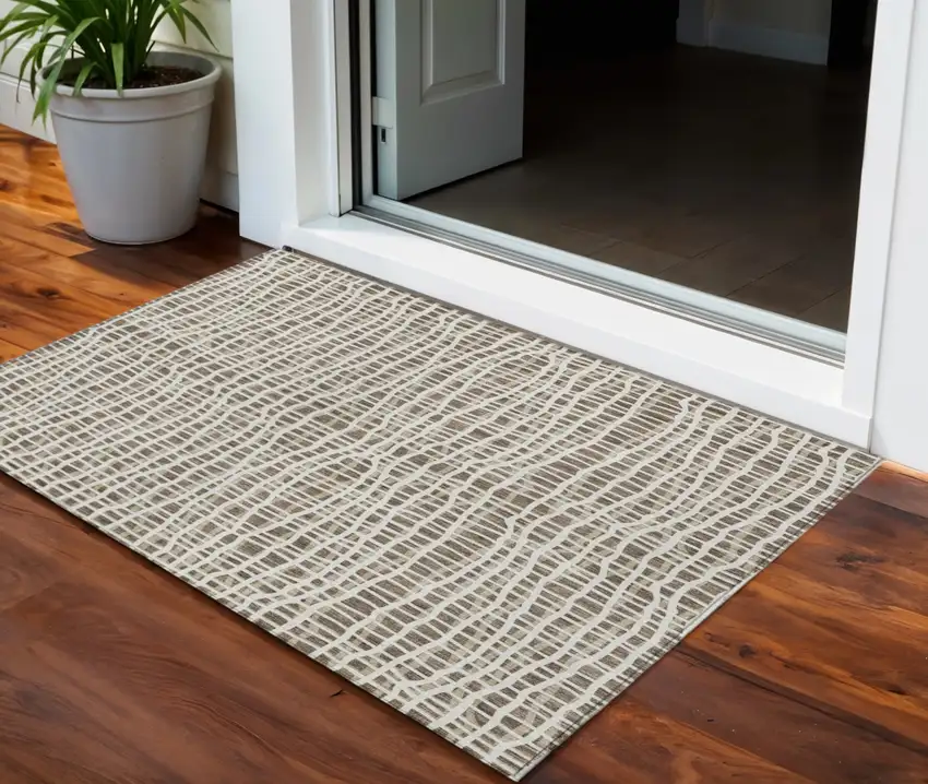 Brown Beige And Ivory Striped Washable Indoor Outdoor Area Rug Photo 1
