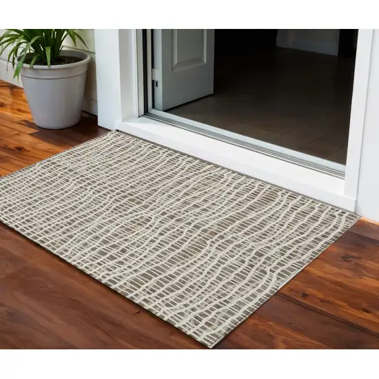Brown Beige And Ivory Striped Washable Indoor Outdoor Area Rug Photo 1