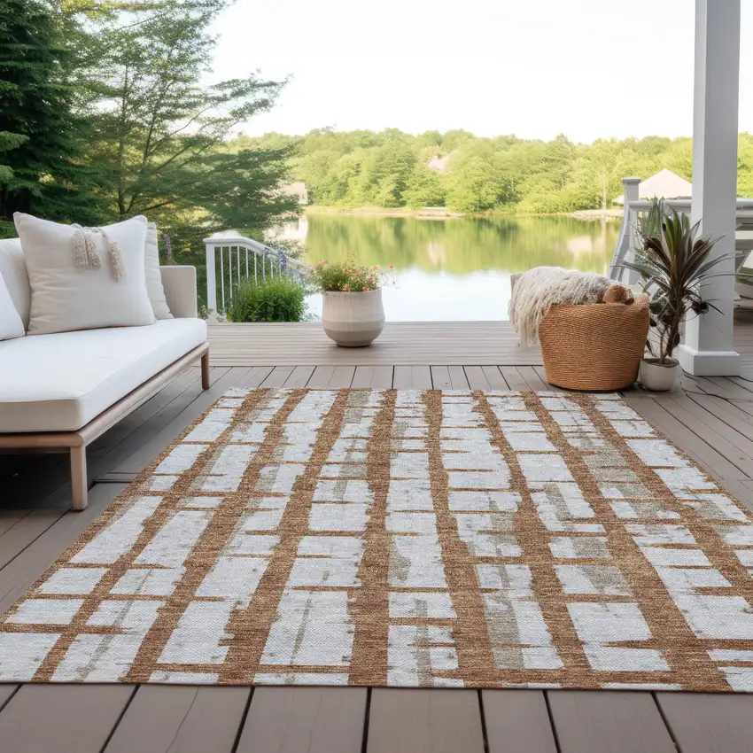 Brown Beige And Ivory Striped Washable Indoor Outdoor Area Rug Photo 8