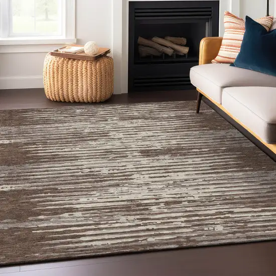 Brown Beige And Ivory Striped Washable Indoor Outdoor Area Rug Photo 7