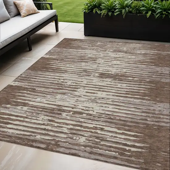 Brown Beige And Ivory Striped Washable Indoor Outdoor Area Rug Photo 1