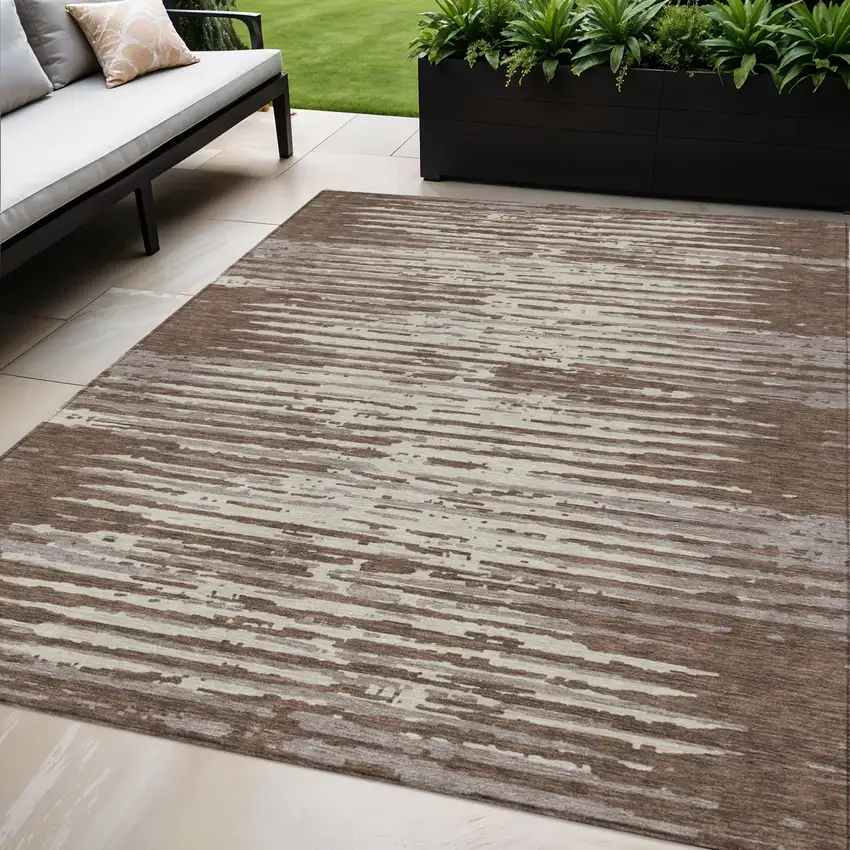 Brown Beige And Ivory Striped Washable Indoor Outdoor Area Rug Photo 1