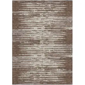 Photo of Brown Beige And Ivory Striped Washable Indoor Outdoor Area Rug