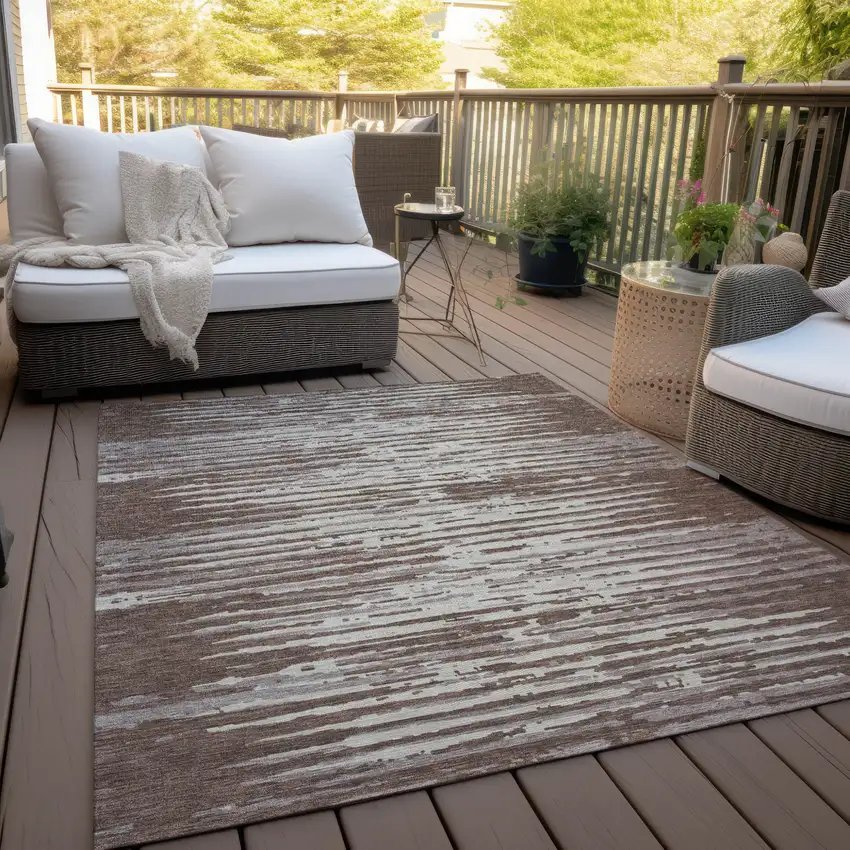 Brown Beige And Ivory Striped Washable Indoor Outdoor Area Rug Photo 9