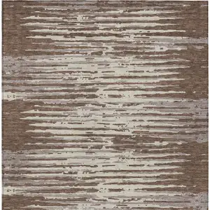 Photo of Brown Beige And Ivory Striped Washable Indoor Outdoor Area Rug