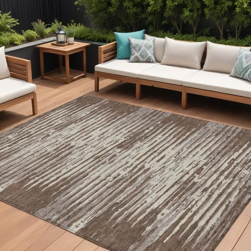 Brown Beige And Ivory Striped Washable Indoor Outdoor Area Rug Photo 1