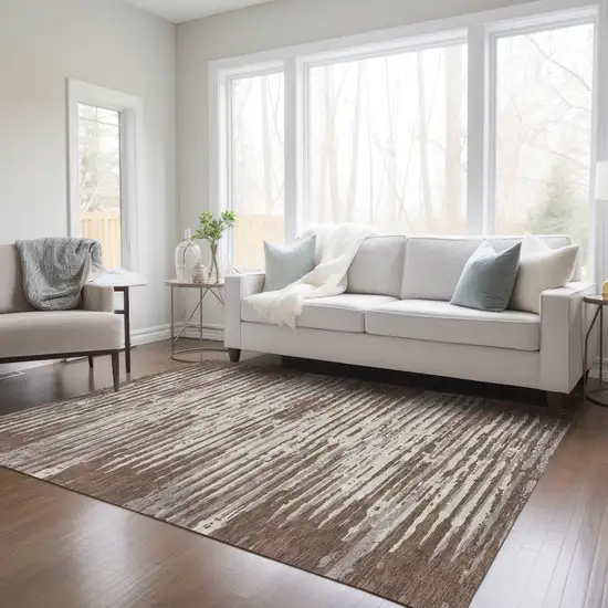 Brown Beige And Ivory Striped Washable Indoor Outdoor Area Rug Photo 9