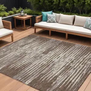 Photo of Brown Beige And Ivory Striped Washable Indoor Outdoor Area Rug