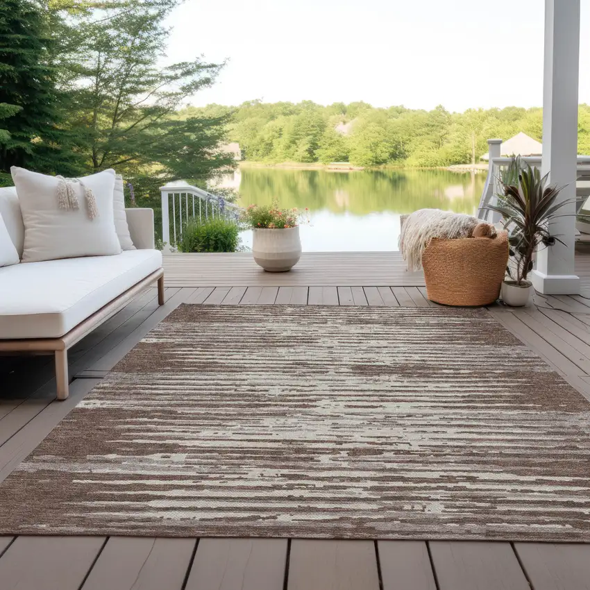 Brown Beige And Ivory Striped Washable Indoor Outdoor Area Rug Photo 9