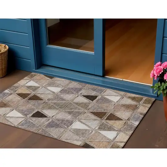 Brown Beige And Khaki Geometric Washable Indoor Outdoor Area Rug Photo 1