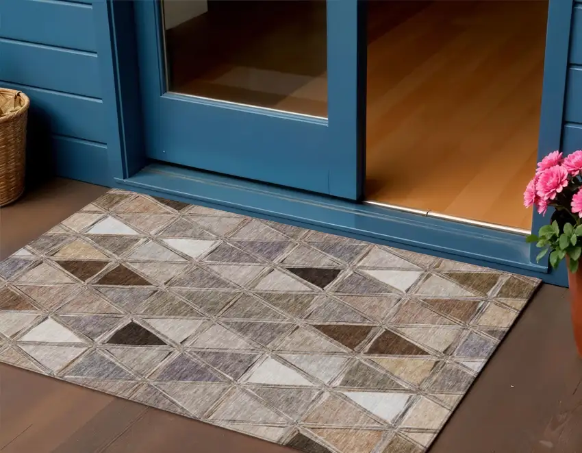 Brown Beige And Khaki Geometric Washable Indoor Outdoor Area Rug Photo 1