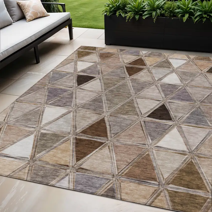 Brown Beige And Khaki Geometric Washable Indoor Outdoor Area Rug Photo 1