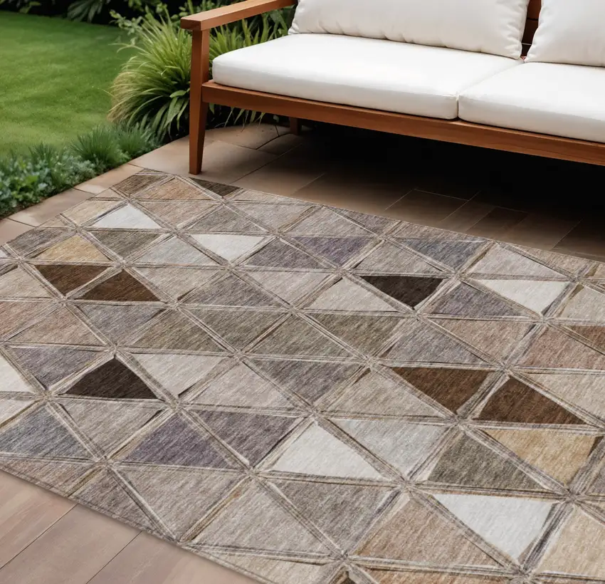 Brown Beige And Khaki Geometric Washable Indoor Outdoor Area Rug Photo 1