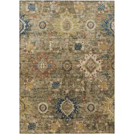Brown Beige And Navy Blue Floral Medallion Washable Indoor Outdoor Area Rug Photo 1