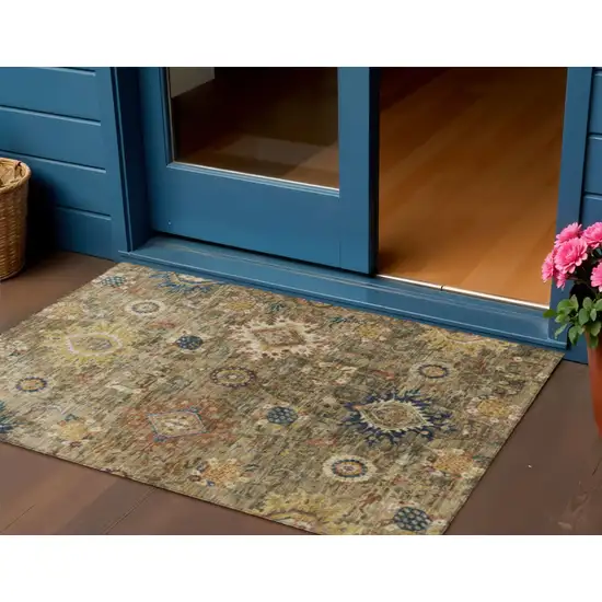 Brown Beige And Navy Blue Floral Medallion Washable Indoor Outdoor Area Rug Photo 2