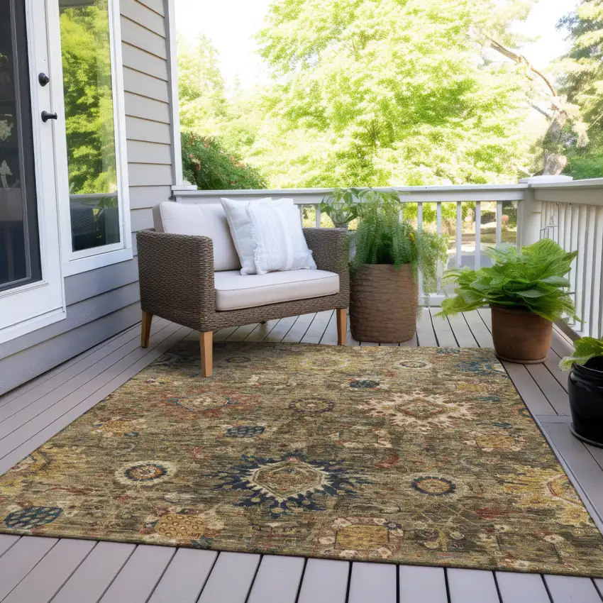 Brown Beige And Navy Blue Floral Medallion Washable Indoor Outdoor Area Rug Photo 8