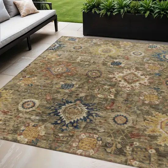 Brown Beige And Navy Blue Floral Medallion Washable Indoor Outdoor Area Rug Photo 2