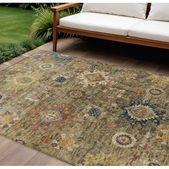 Brown Beige And Navy Blue Floral Medallion Washable Indoor Outdoor Area Rug Photo 1