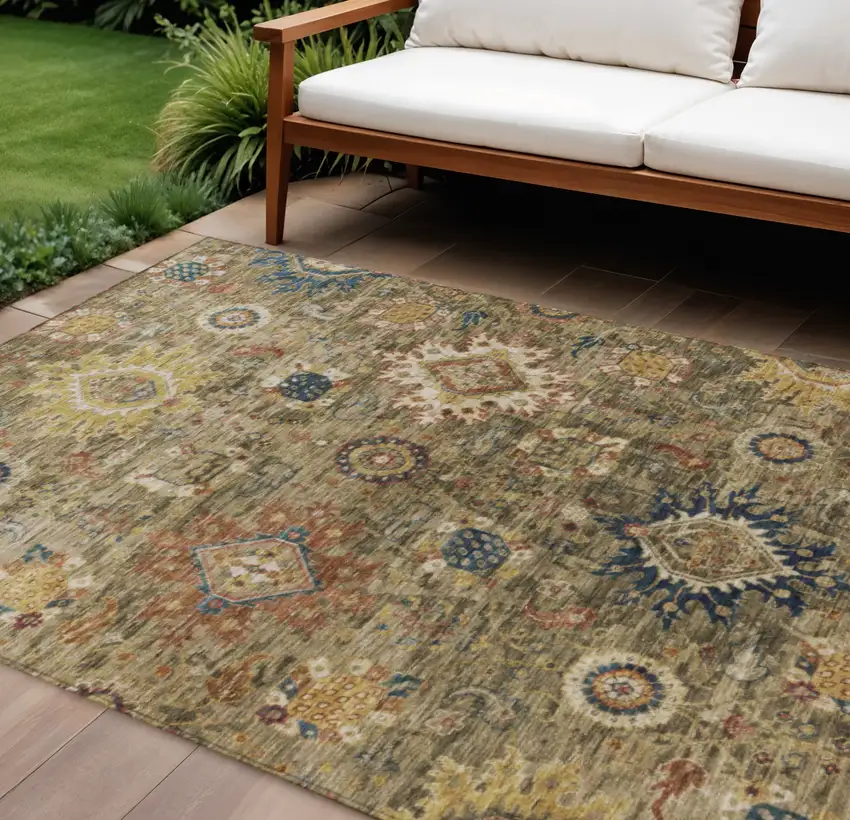 Brown Beige And Navy Blue Floral Medallion Washable Indoor Outdoor Area Rug Photo 1