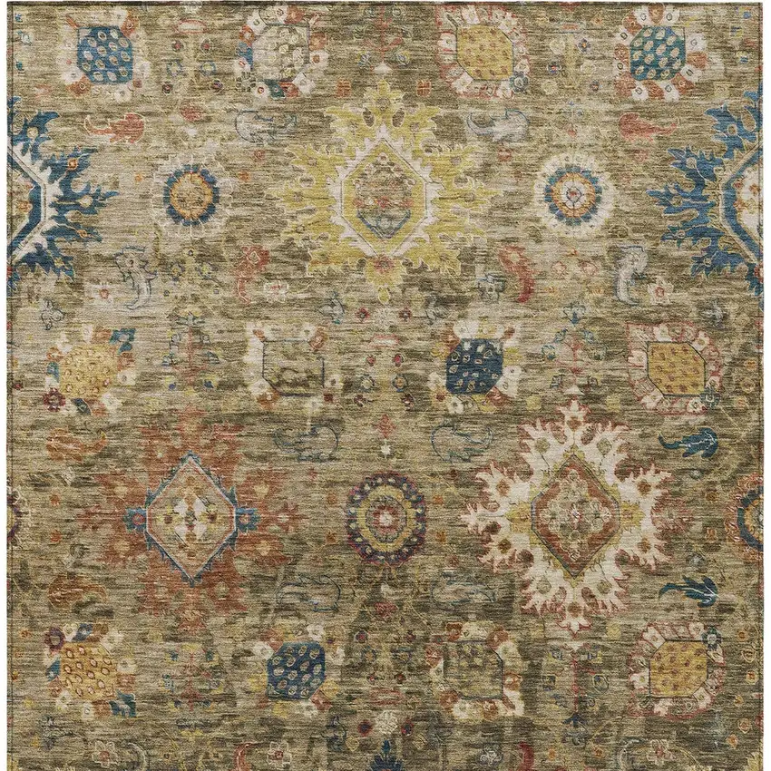 Brown Beige And Navy Blue Floral Medallion Washable Indoor Outdoor Area Rug Photo 5