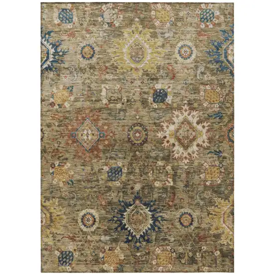 Brown Beige And Navy Blue Floral Medallion Washable Indoor Outdoor Area Rug Photo 2