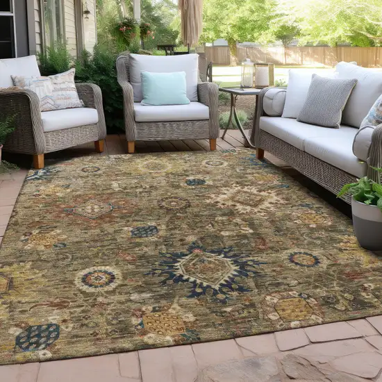 Brown Beige And Navy Blue Floral Medallion Washable Indoor Outdoor Area Rug Photo 5