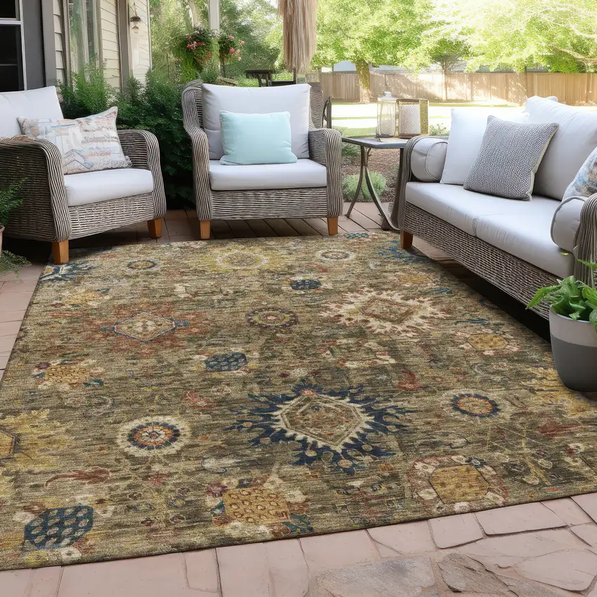 Brown Beige And Navy Blue Floral Medallion Washable Indoor Outdoor Area Rug Photo 5