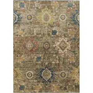 Photo of Brown Beige And Navy Blue Floral Medallion Washable Indoor Outdoor Area Rug