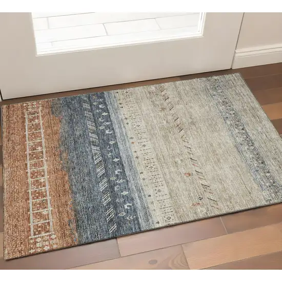Brown Beige And Navy Blue Geometric Washable Area Rug With UV Protection Photo 1